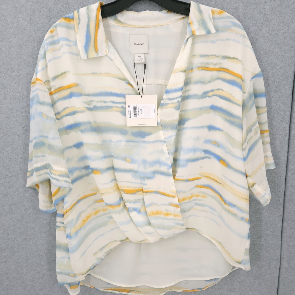 Calvin Klein Chiffon Printed Wrap V Neck Collared Half Sleeve Top Womens S NWT